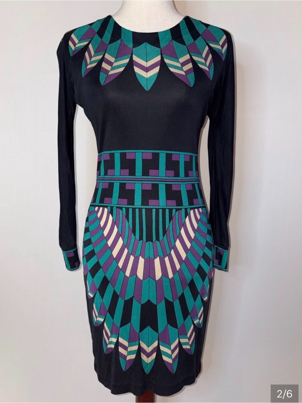 Tory Burch Black Long-Sleeve Dress with Teal and Cream Geometric Print